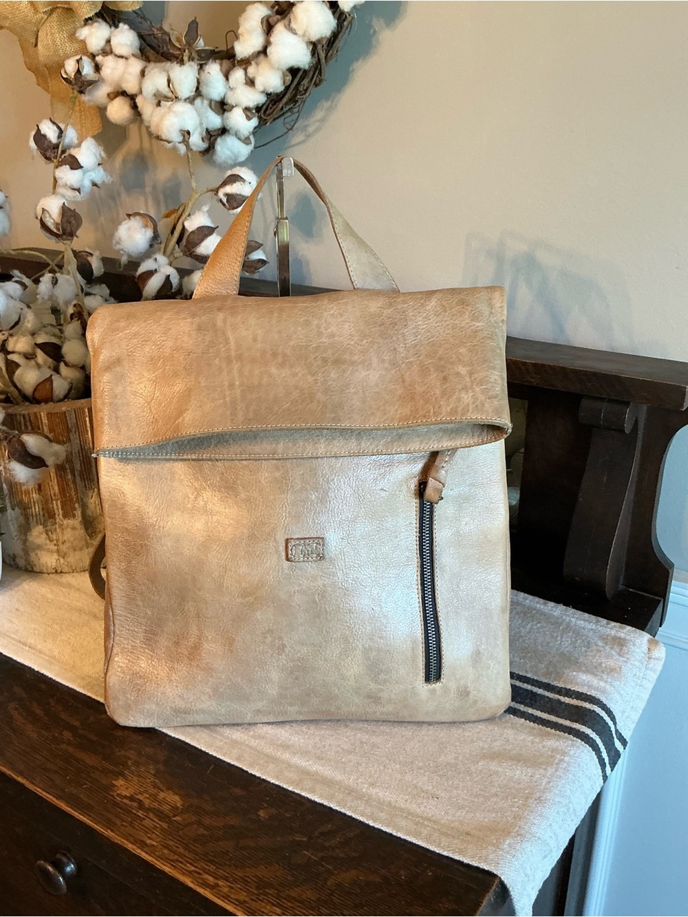 Bed Stu Leather Howie Flapover Leather Backpack Lt Gray Glove Brown $365